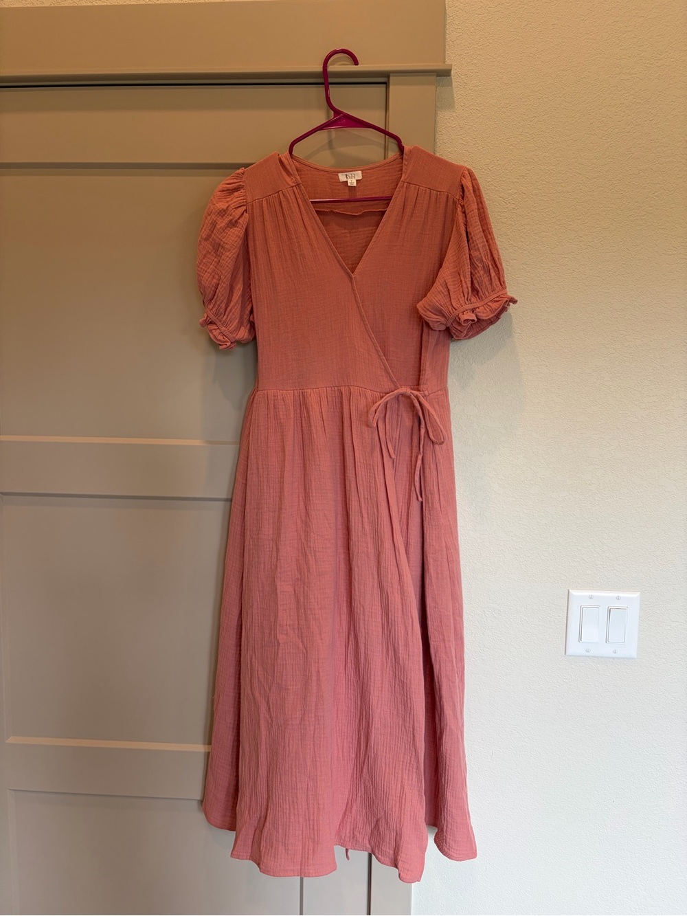 Wrap Midi Dress in Dusty Rose with Puff Sleeves